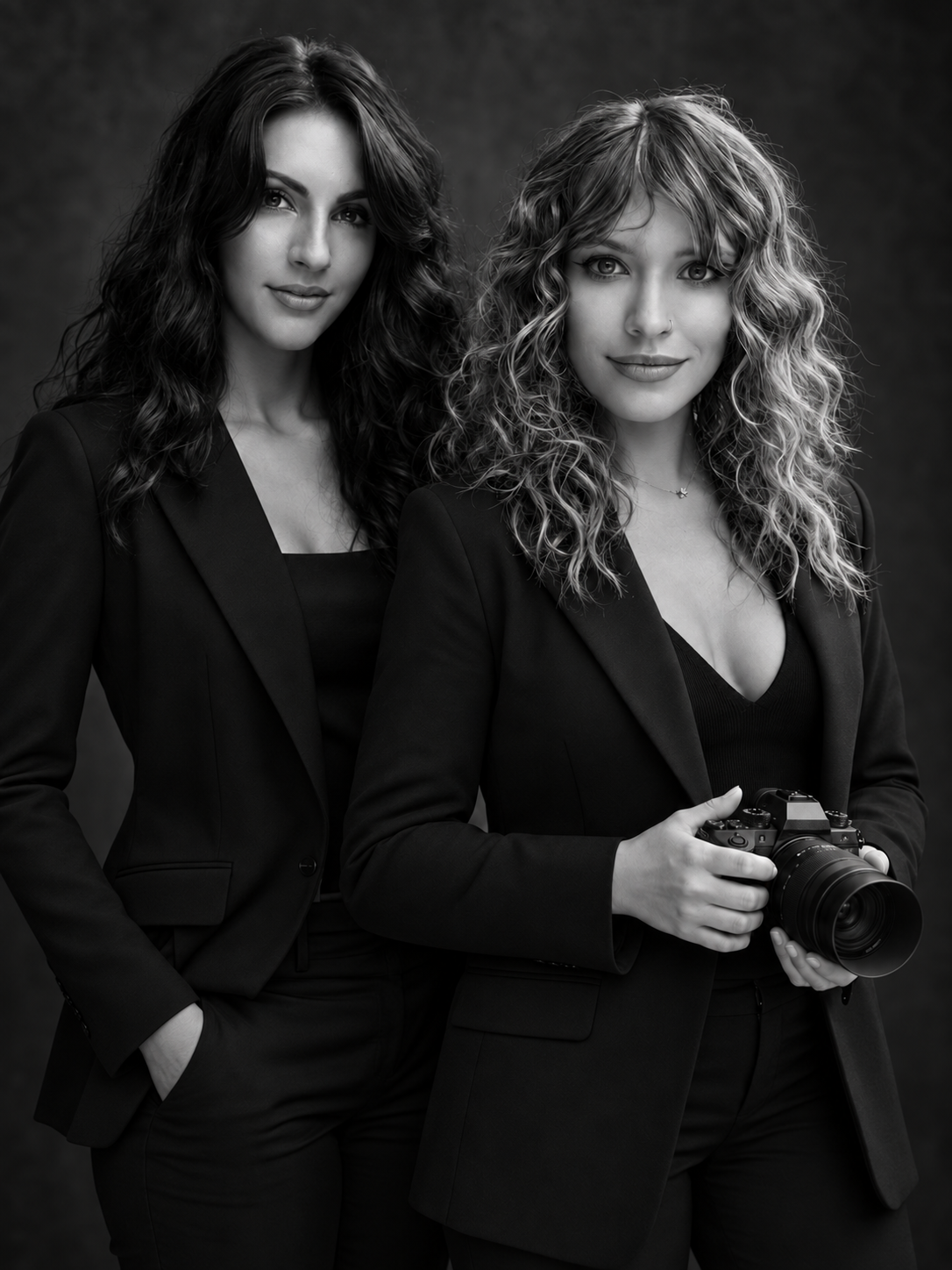 Shaylene and Scarlet in long-sleeve black suits, with Scarlet holding a camera
